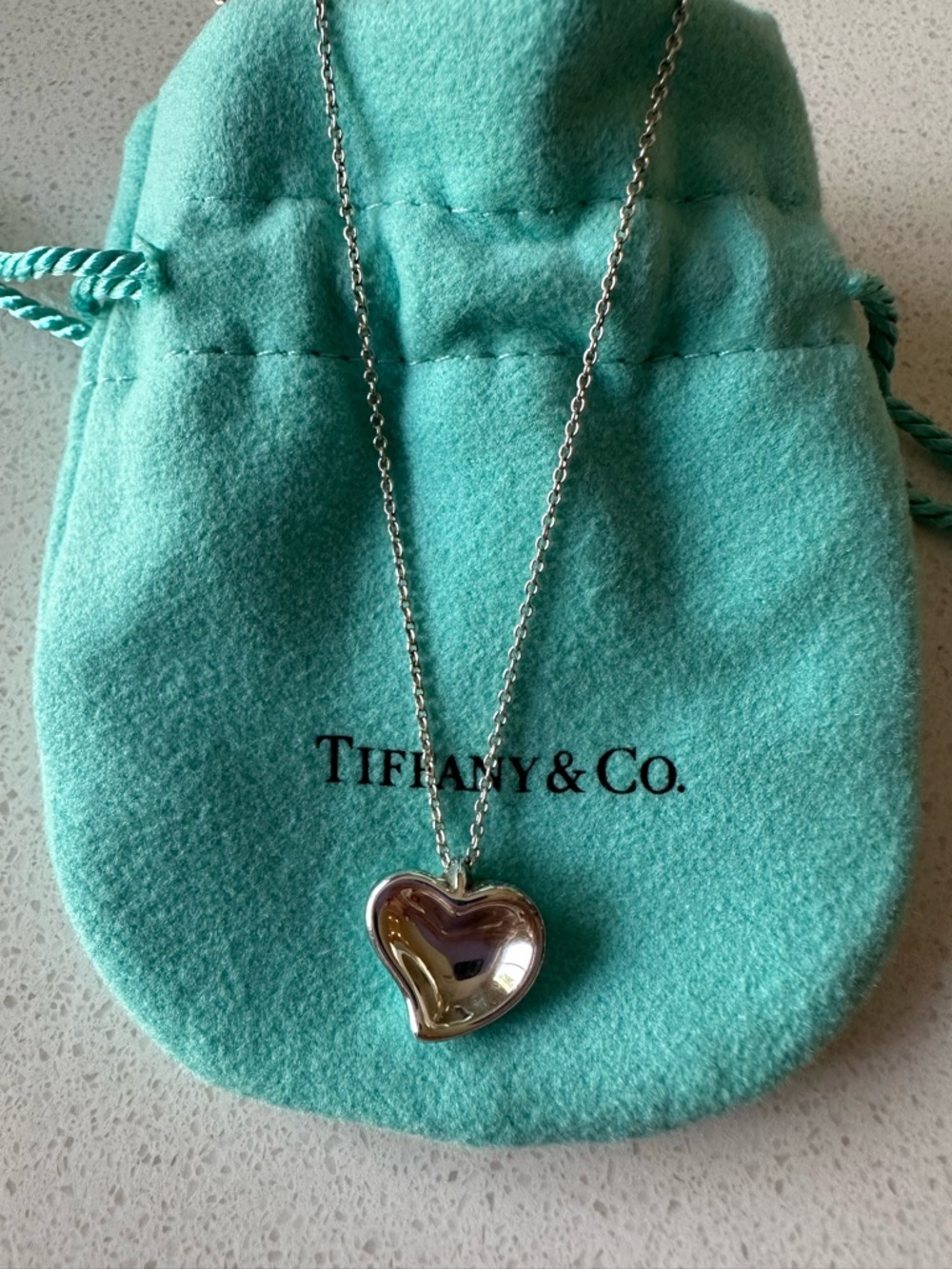 Tiffany & Co. Sterling Silver Elsa Perreti Full Heart Necklace with Blue Pouch